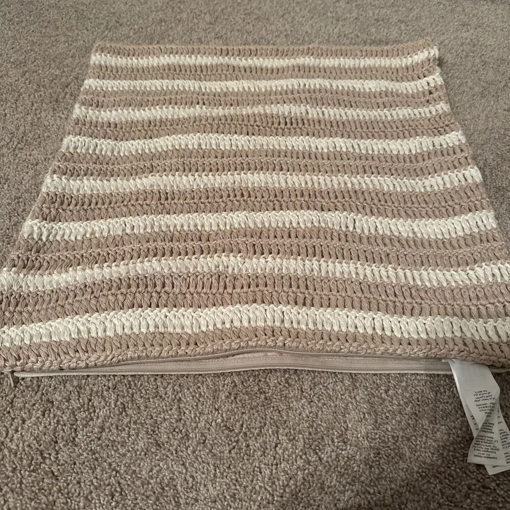 West Elm Pillow Cover 20 X 20 Linen Beige Cream Crochet Striped Modern Neutrals